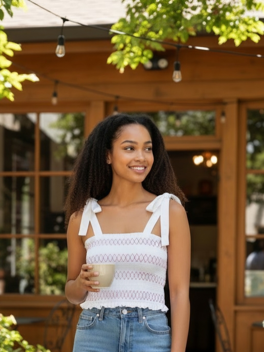 Main Strip White‎ Tie-Shoulder Smocked Camisole